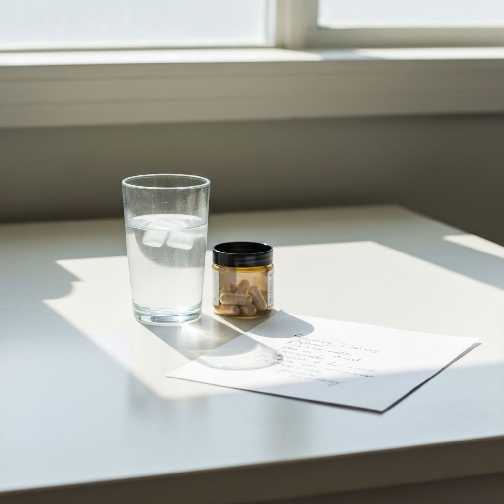Küchentisch mit Wasserglas, offener Supplementdose und handgeschriebenem Notizzettel am Morgen