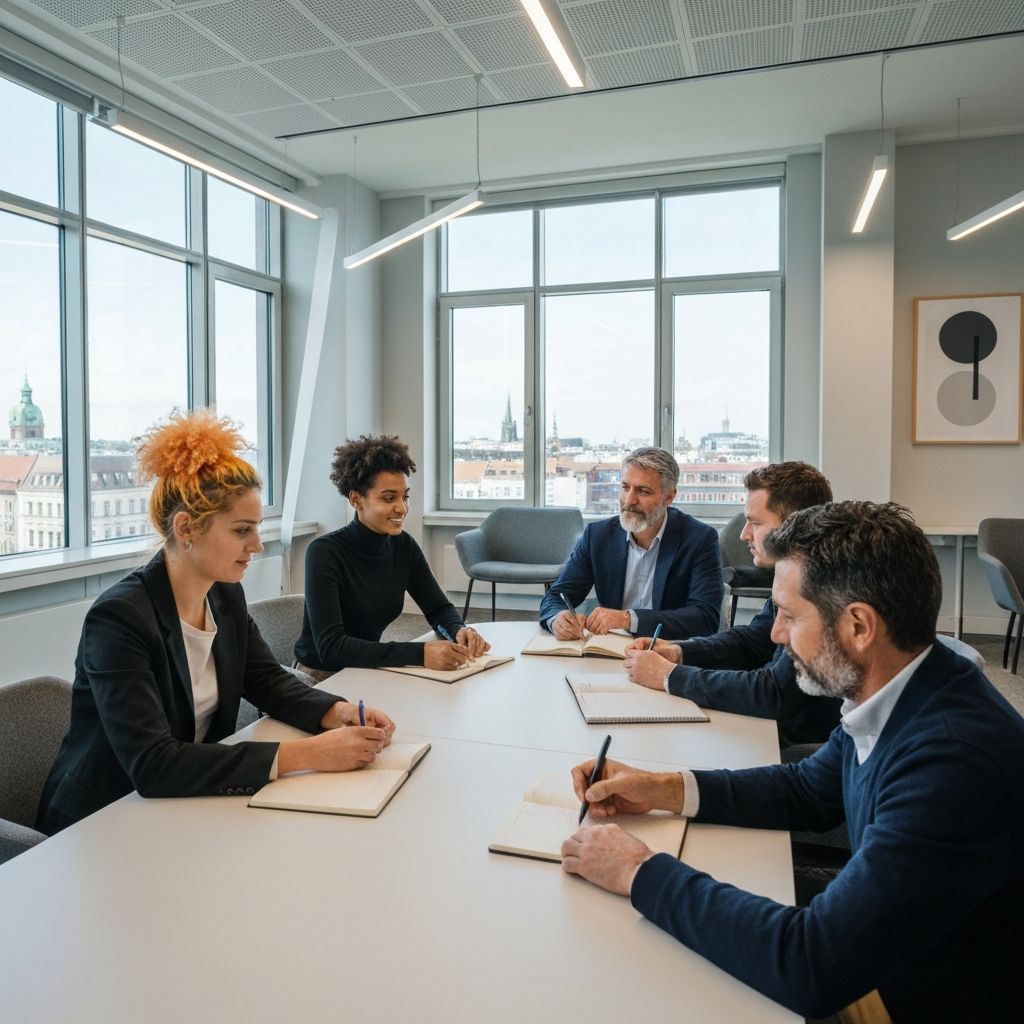Diverse Projektteam im hellen modernen deutschen Coworking Space, Konferenzraum mit großen Fenstern, Notizbücher auf Tisch