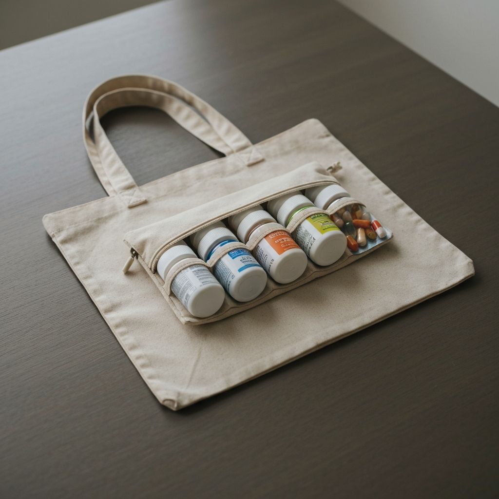 Beige Baumwolltasche mit kleinem Etui voller Supplementbehälter, reisebereit und praktisch